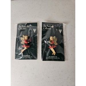 2 Dezine Fairy Collection Pin Brooch Red Dress Gold Wings Hand Painted NEW